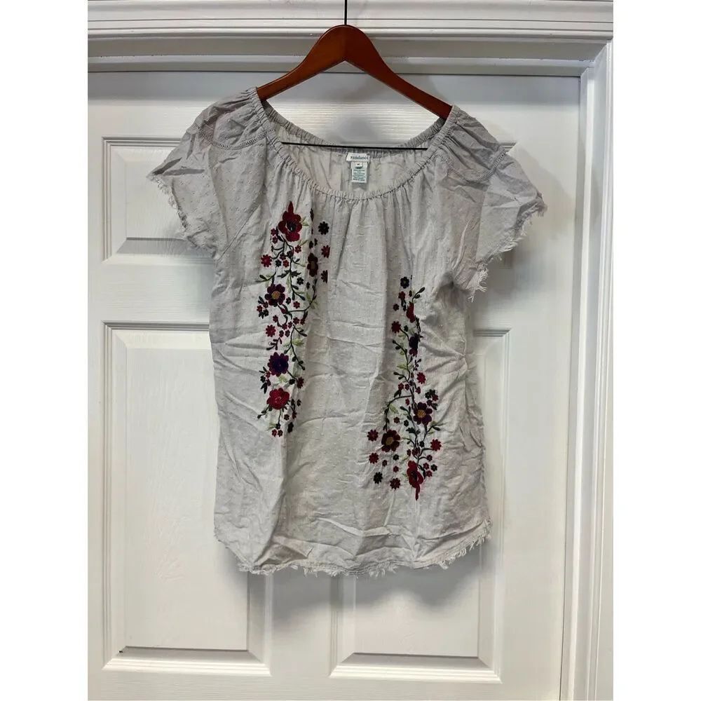 Sundance Gray Swiss Dot Floral Embroidered Peasant Raw Edge Blouse sz M EUC